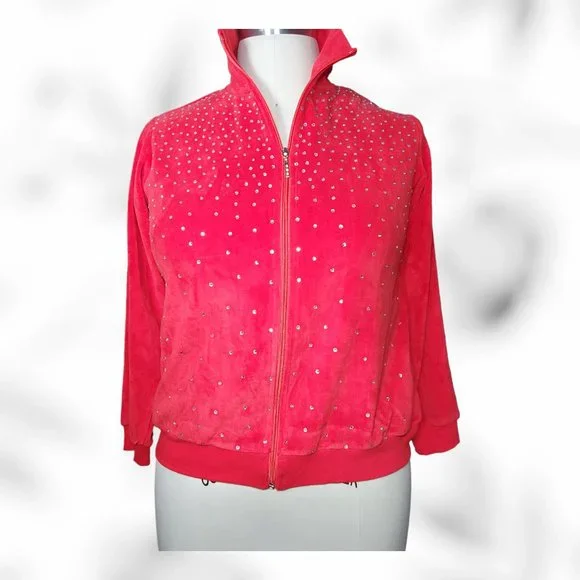 Anthony Richards, Velour Rinestone Zippered Jacket Size Med Petite Cherry Red - Picture 1 of 12